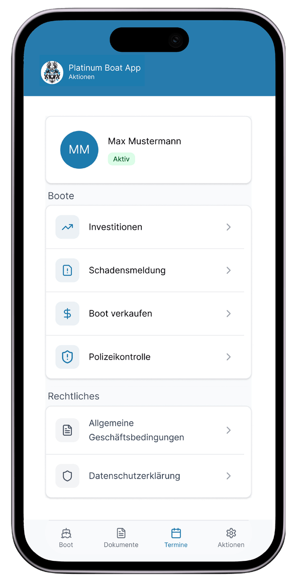 Account screen in Platinum Boat App